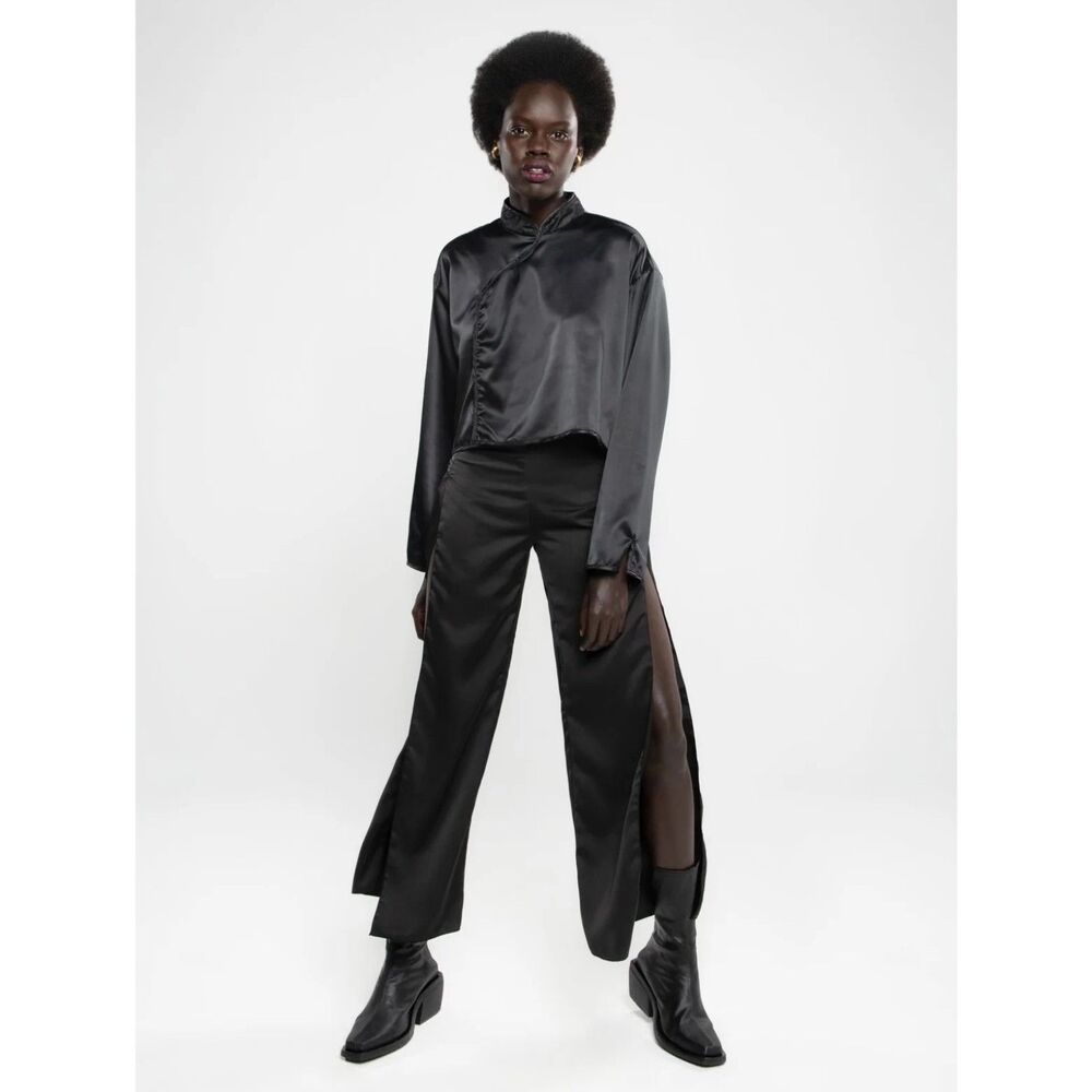Makara Wear Upcycled Silk Satin Wide Leg Slit Melrose Pants Black